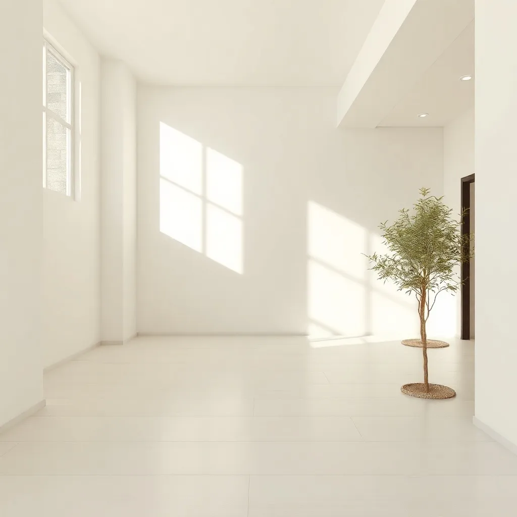 Minimalist architectural space with clean lines, ivory walls